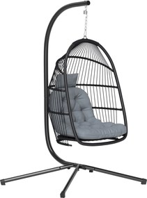 Cadeira Suspensa Tipo Ovo com Estrutura, Cesta Dobrável Almofada e Apoio de Cabeça para Interior e Exterior Suporta 150 kg Cinzento