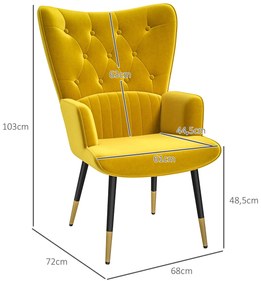 Poltrona Individual Estofada em Veludo com Encosto Alto Apoio para os Braços e Pés de Aço Estilo Moderno 68x72x103 cm Amarelo