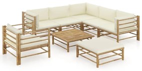 vidaXL 8 pcs conj. lounge p/ jardim em bambu c/ almofadões branco nata
