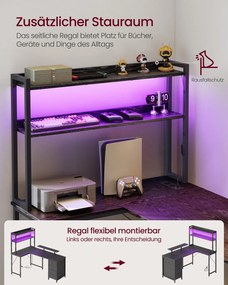 Secretária de canto em forma de L, 140 x 100 x 150 cm, com LED Preto