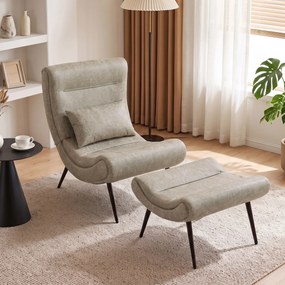 Poltrona Retro com Apoia-pés em Leathaire e Almofada Lombar, Branco Creme