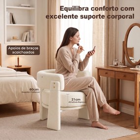 Poltrona em Tecido Bouclé com Almofada Lombar Assento Profundo Acolchoado e Braços Branco-Creme