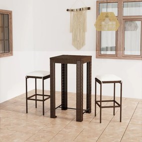 vidaXL 3 pcs conjunto de bar p/ jardim com almofadões vime PE castanho