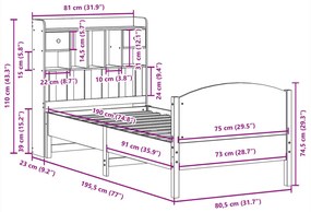 Cama com estante sem colchão 75x190 cm pinho maciço