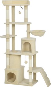 PawHut Arranhador para Gatos Grande com 7 Postes 1 Túnel 3 Plataformas 2 Cavernas 1 Rede 1 Poleiro 1 Rampa Pompons 60x40x170 cm Bege | Aosom Portugal