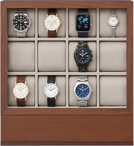 Caixa para relógios com 12 compartimentos, folheado de madeira maciça com janela 15,5 x 30 x 33,2 cm castanho
