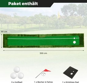 Tapete de golfe de 300 cm, tapete de treino de golfe com 3 bolas de golfe e 2 tamanhos de buracos, dobrável Verde
