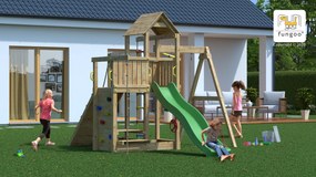 Parque infantil Crianças Exterior ACTIVER KDI Com escorrega, Baloiço, volante, telescópio, rampa com corda de trepar, mesa de piquenique, parede de es