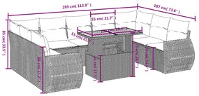 10 pcs conjunto sofás de jardim c/ almofadões vime PE cinzento