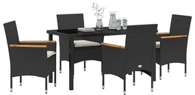 Conjunto de Jantar de Jardim de 5 Peças com Almofadas Pretas em Rattan