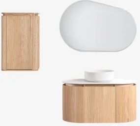 Conjunto De Móvel De Casa De Banho Suspenso 90x50 Cm Em Madeira Carsone Madeira Natural & Madeira Natural & Cerâmica Redonda Branca Ø40 - Sklum
