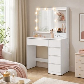 Toucador com espelho 80 x 40 x 144,3 cm, iluminação LED, tomada e 5 gavetas, branco