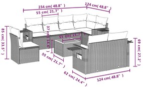 9 pcs conjunto de sofás p/ jardim com almofadões vime PE bege