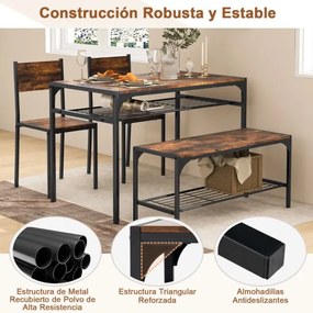 Conjunto de mesa de 2 cadeiras e um banco de jantar com estrutura em metal e prateleira moderna, para sala de jantar e cozinha castanho