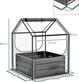 Floreira de horta com mini-estufa, floreira elevada em aço galvanizado, 70 x 70 x 90 cm, cinzento escuro