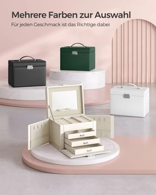 Caixa para joias de 4 níveis 17,5 x 22,5 x 16,5 cm com pega e espelho Branco creme