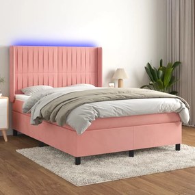 Cama box spring c/ colchão/LED 140x190 cm veludo rosa