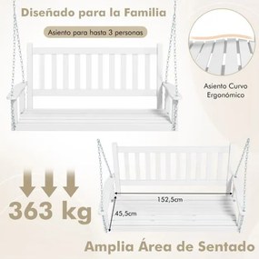 Banco de baloiço com 3 lugares 168 x 65 x 63 cm suspenso de madeira de choupo para jardim, Correntes ajustáveis Branco