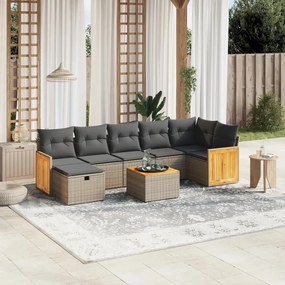 8 pcs conjunto sofás de jardim c/ almofadões vime PE cinzento