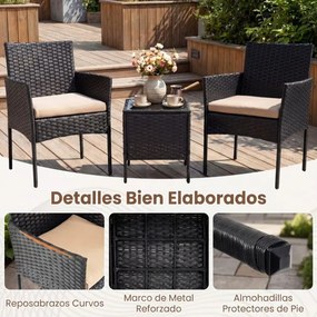 Conjunto de móveis de jardim de 3 peças em rattan com 2 cadeiras e Mesa auxiliar de vidro para terraço, pátio ou varanda Castanho+Preto