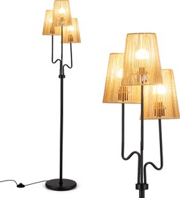 Candeeiro de pé com 3 luzes e 3 abajures de papel tecido estilo boho, base pesada, interruptor no pé, lâmpadas E27 não incluídas Preto