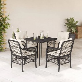 vidaXL 5 pcs conjunto de jantar p/ jardim c/ almofadões vime PE preto