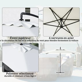 Guarda-sol retangular 294 x 193 x 250 cm de exterior com haste lateral, manivela e 6 varas de aço, proteção UV, creme