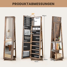 Armário para joias 43 x 38 x 159 cm giratório 360° com espelho de corpo inteiro prateleiras traseiras cor castanho vintage