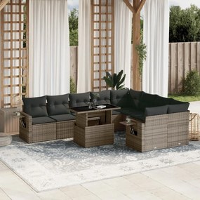 10 pcs conjunto sofás de jardim c/ almofadões vime PE cinzento