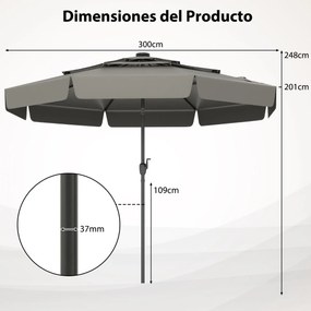 Guarda-sol solar de 300 cm com 32 luzes LED, parte superior ventilada com 3 níveis e ajuste de inclinação - cinzento