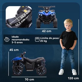 Moto 4 Elétrico para Crianças 6 V para Crianças com Velocidade até 3 km/h Faróis e Música 70x42x45 cm Azul