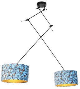 Candeeiro de suspensão preto com abajures de veludo borboletas com dourado 35 cm 2-luzes - Blitz Clássico / Antigo,Moderno