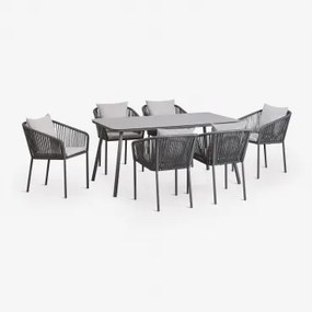 Conjunto De Mesa Retangular 160x90 Cm E 6 Cadeiras De Jardim Em Corda Trançada Arhiza Classic Cinza Grafito - Sklum