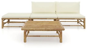 4 pcs conj. lounge p/ jardim em bambu c/ almofadões branco nata