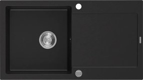 Mexen Leo lava-louça de granito com 1 cuba e escorredor 900 x 500 mm, preto, sifão cromado - 6501901010-77