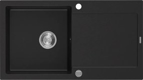 Mexen Leo lava-louça de granito com 1 cuba e escorredor 900 x 500 mm, preto, sifão cromado - 6501901010-77