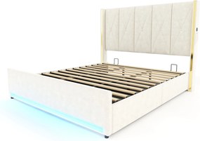 Cama em veludo com cabeceira estofada e capitonada, Bege | AOSOM Portugal