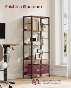 Estante com 5 prateleiras e painéis traseiros em design industrial 30 x 60 x 144 cm Castanho vintage + Preto