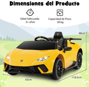 Carro Elétrico Lamborghini Licenciado para Crianças 12V com Controlo Remoto Luzes LED Música Buzina Arranque Suave Amarelo