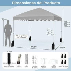 Tenda dobrável portátil com 8 estacas, 4 âncoras, 4 cordas de vento, 4 sacos de areia, 300 x 300 x 266-286 cm - cinza