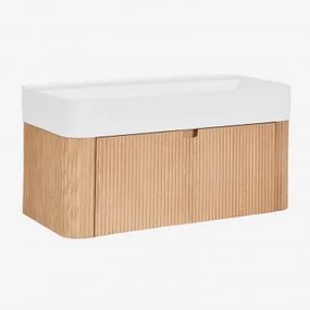 Conjunto De Móvel De Casa De Banho 80x40 Cm Suspenso Em Madeira Com Lavatório Integrado Saioa Madeira Natural - Sklum