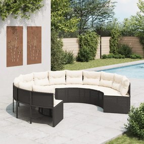 vidaXL Sofá de jardim com almofadões redondo vime PE preto