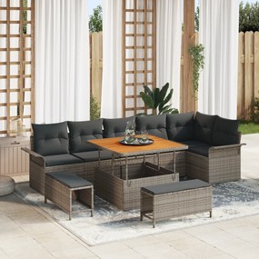 Conjunto de Sofá de Jardim com 9 Peças com Almofadas Cinzas Rattan Pol