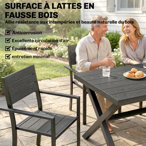 Conjunto de jantar de jardim de 7 peças para 6 pessoas, mesa e cadeiras empilháveis com ripas com efeito de madeira, estrutura em alumínio, cinzento
