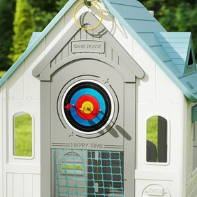 Casa de Brincar para Crianças 5 em 1 Casa de Jardim com Lançamento de Anéis Basquetebol Futebol Dardos 132x118x124 cm Bege, verde, cinzento