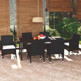 vidaXL 7 pcs conjunto de jantar p/ jardim c/ almofadões vime PE preto