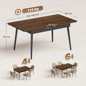 Mesa de Jantar Extensível para 4-6 Pessoas (CADEIRAS NÃO INCLUIDAS) Estilo Industrial Cantos Arredondados 130-160x85x75 cm cor Nogueira