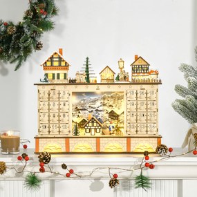 HOMCOM Calendário de Advento Calendário de Advento de Madeira com Luzes e 24 Gavetas de Contagem Regressiva Decoração de Natal 44x10x37 cm Madeira