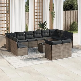 13 pcs conjunto sofás p/ jardim c/ almofadões vime PE cinzento