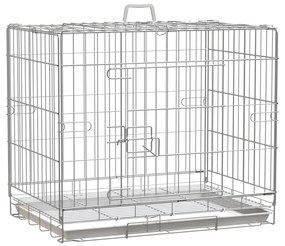 PawHut Gaiola Dobrável para Cães 61x43x50cm Gaiola de Metal para Cães com Bandeja Amovível com Travão Prata e Branco